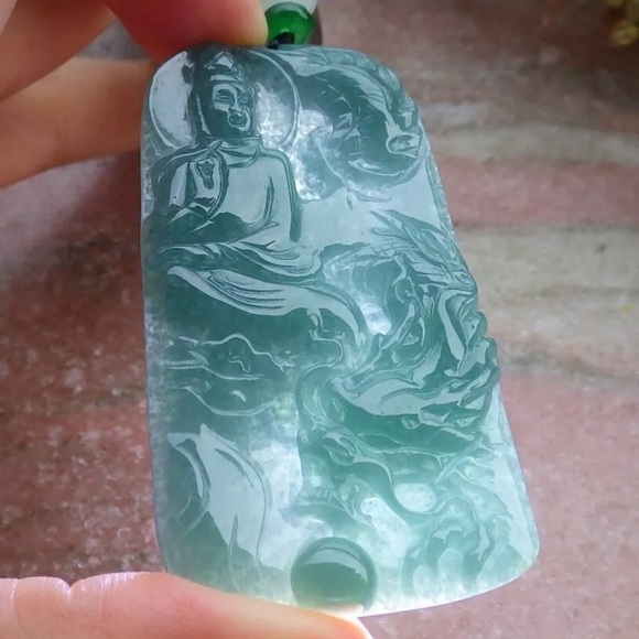 GRADE A Burmese Jadeite Jade Dragon & Kwan Yin Bodhisattva Hand Carved Pendant - Picture 2 of 12